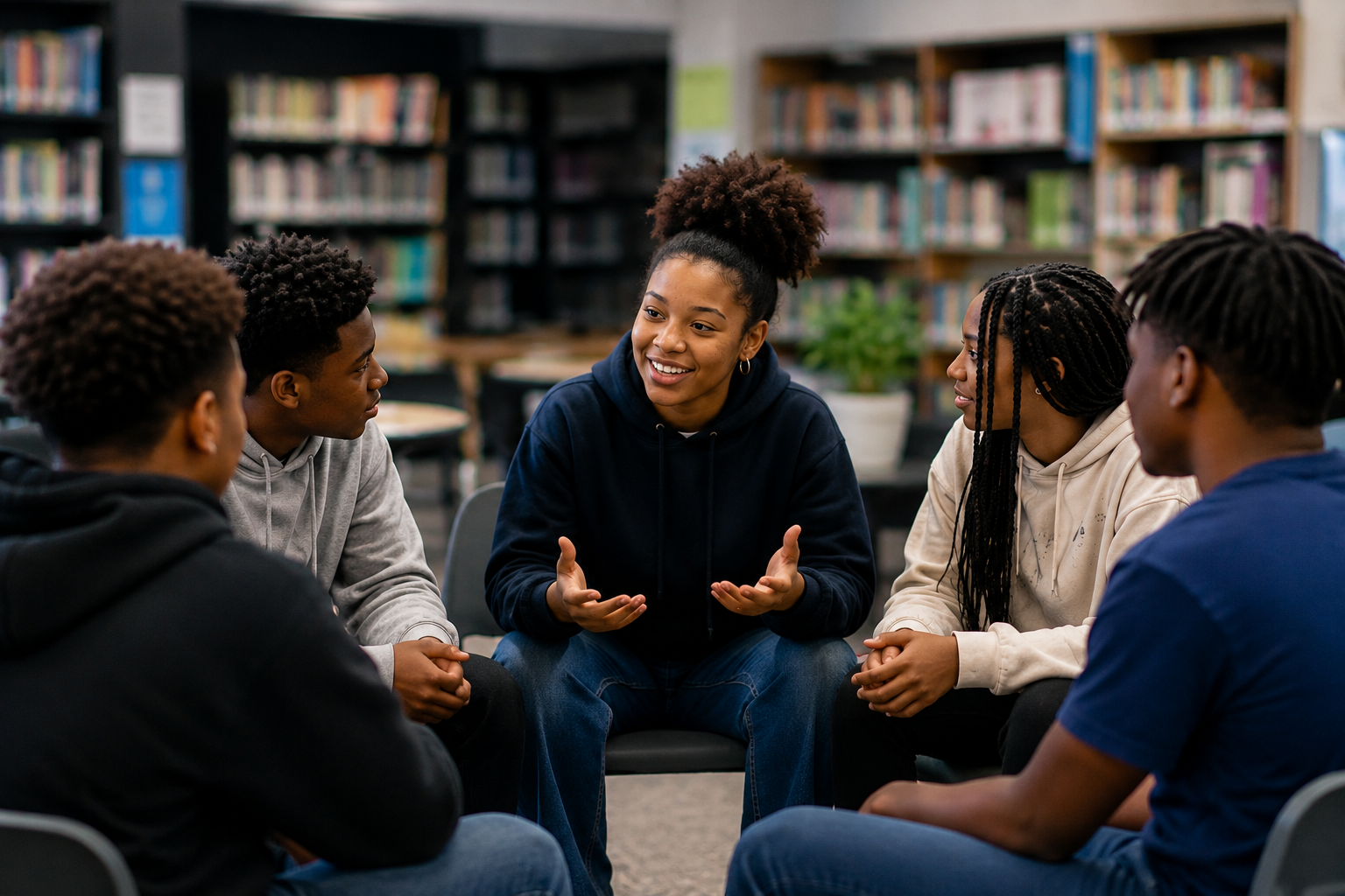 Youth engaged in open discussion and community conversation